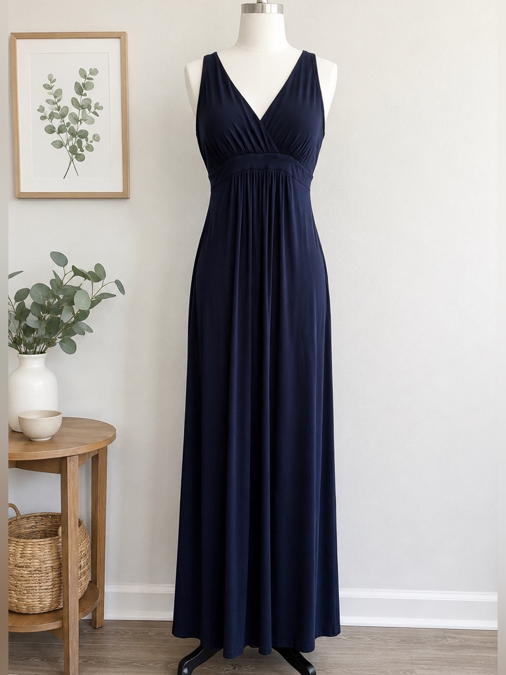 Karen Kane Navy Maxi Dress Small Empire Waist Sleeveless Stretch Jersey Made USA